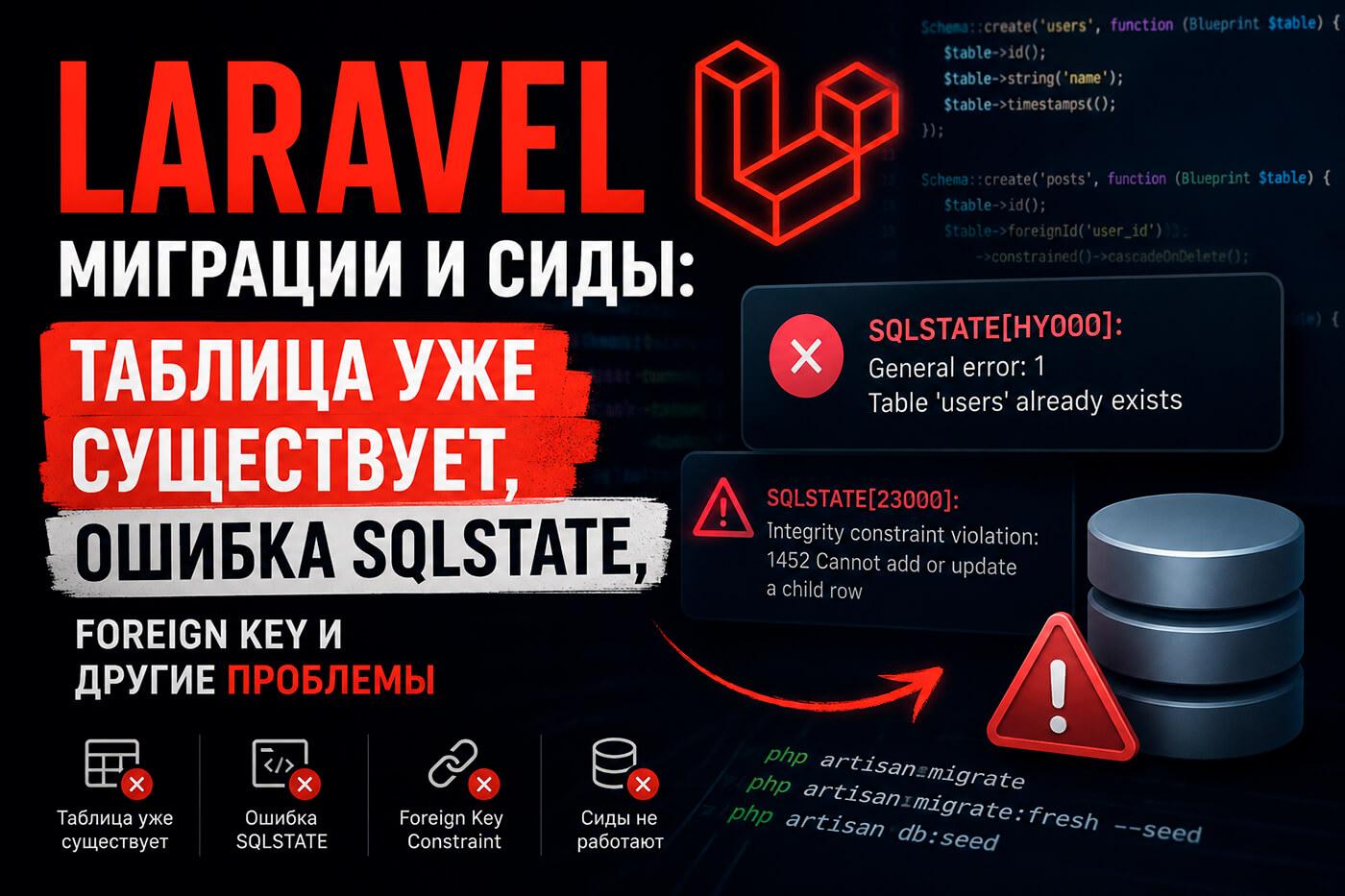 Laravel миграции и сиды: таблица уже существует, ошибка SQLSTATE, foreign key и другие проблемы
