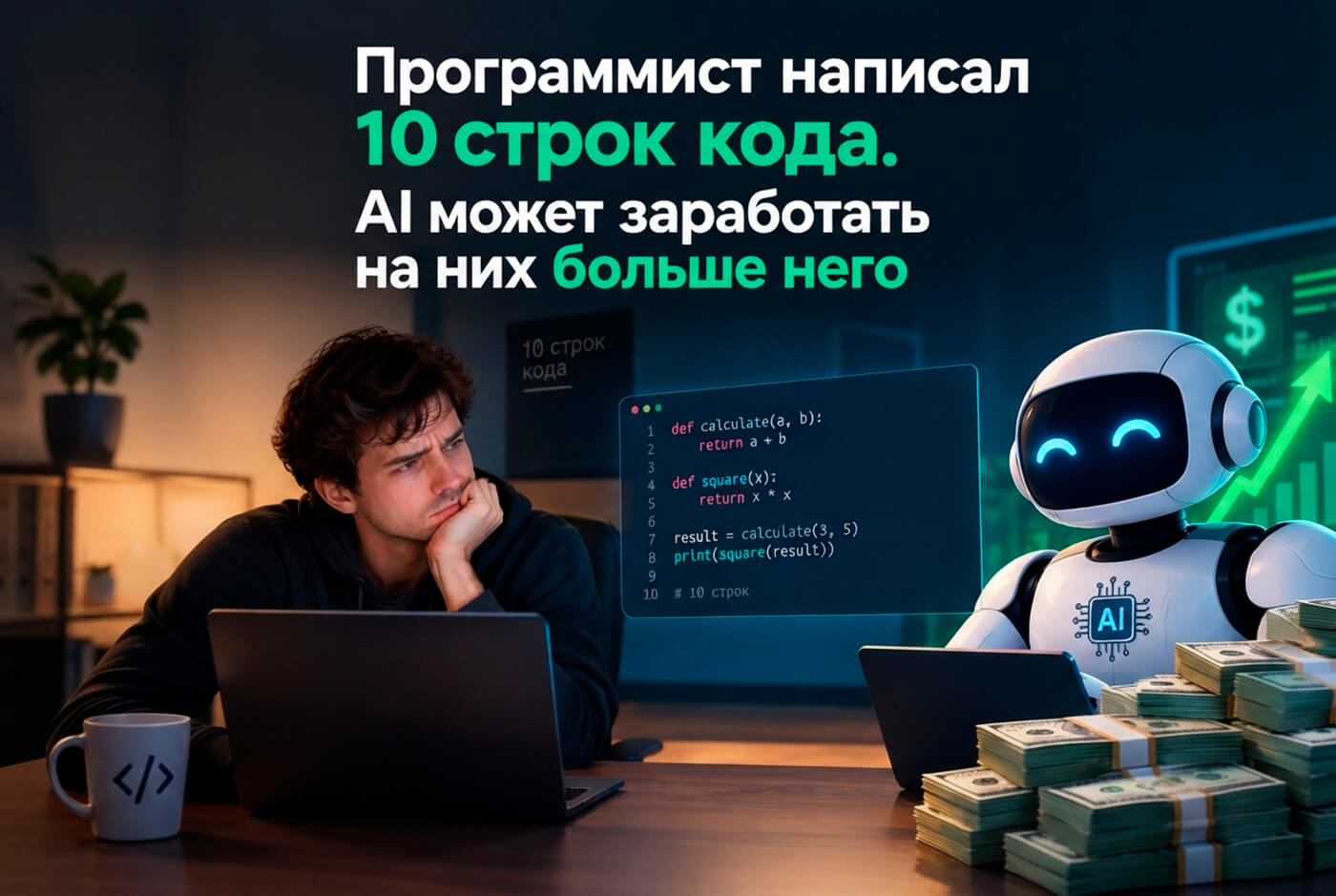 Программист написал 10 строк кода. AI может заработать на них больше него