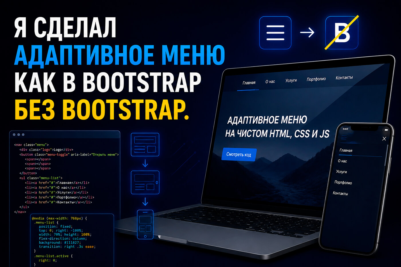 Я сделал адаптивное меню как в Bootstrap без Bootstrap. Что оказалось сложнее всего